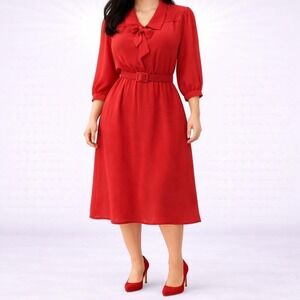 80s Vintage Red Shirt Dress Womens S Belted Sheer Johnny Collar Secretary Shawl